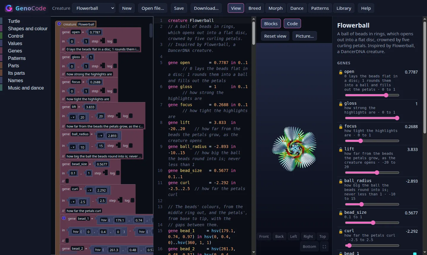 Flowerball built from blocks, with its code beside the blocks