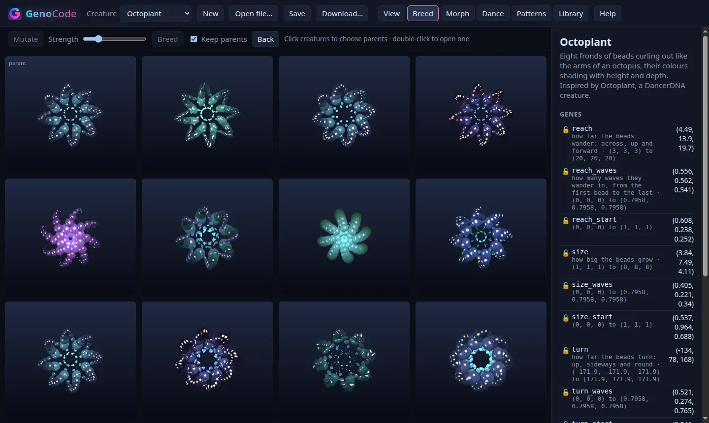 A grid of twelve Octoplant children, each with its own genes