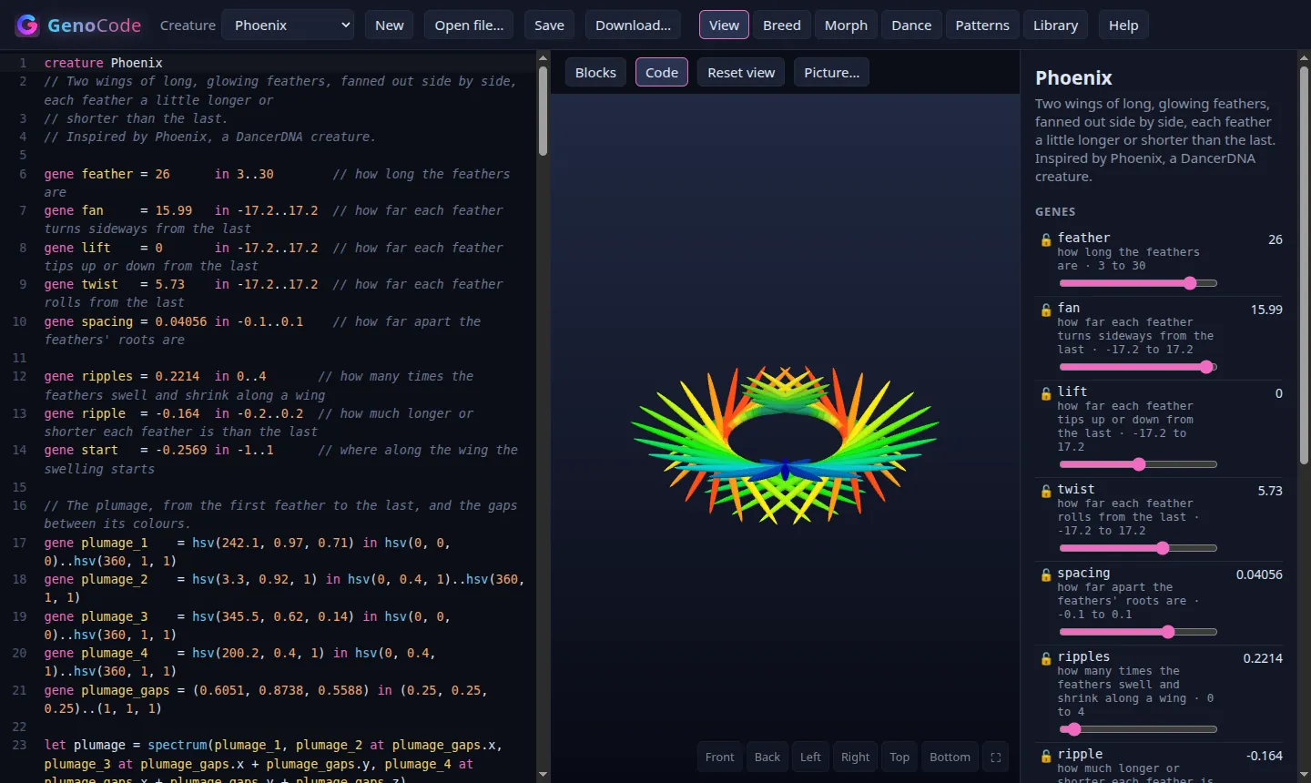 The GenoCode app: Phoenix's code on the left, the creature in 3D in the middle and its genes as sliders on the right