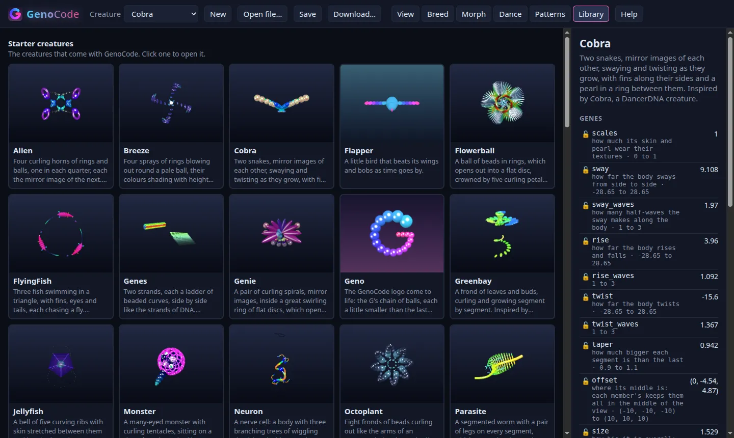 The library of starter creatures, each with a picture and a description