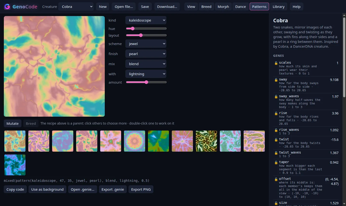 The pattern designer: a large pattern preview, its settings and a row of variations